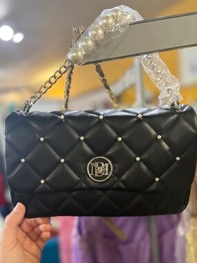 Badgley Mischka Black Quilted Mini Shoulder Bag with Pearl Chain